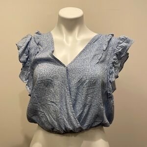 Ivy Main Button Up Blouse Blue Floral V Neck Top Sz S